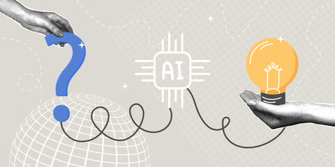 The role of AI in innovation and problem solving. A trendy halftone collage. Innovative concepts for idea development, AI consulting, AI for problem solving and automation. © Наталья Косаревич