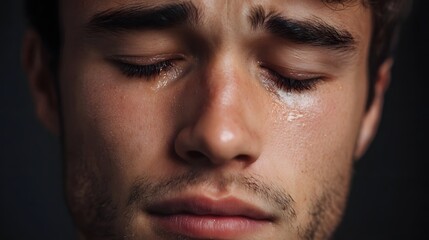Young man s face eyes closed in sorrow with tears streaming down his cheeks