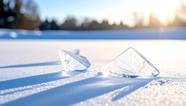 Sunlit snowfield shows triangular ice fragments with detailed crystalline patterns, casting sharp shadows