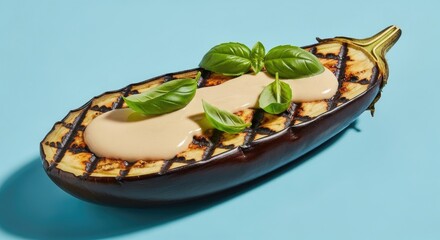 Grilled Eggplant with Tahini Drizzle and Basil on Blue Background