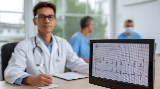 Doctor reviews cardiac ECG data on monitor in medical team consultation