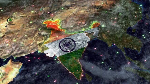 ashoka chakra independence day india flag glowing in world map celebration tricolor fireworks indian colors. Satelite map of India or Bharat or Hindustan with Flag and drawing area boundaries 3D 4K