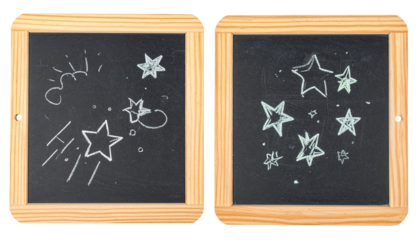 Two square chalkboards side-by-side with chalk star doodles and wooden frames