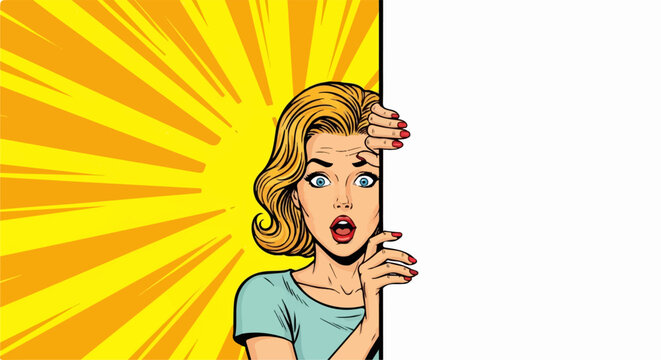 Shocked Pop Art Woman Peeking Behind Blank Sign with Transparent Background