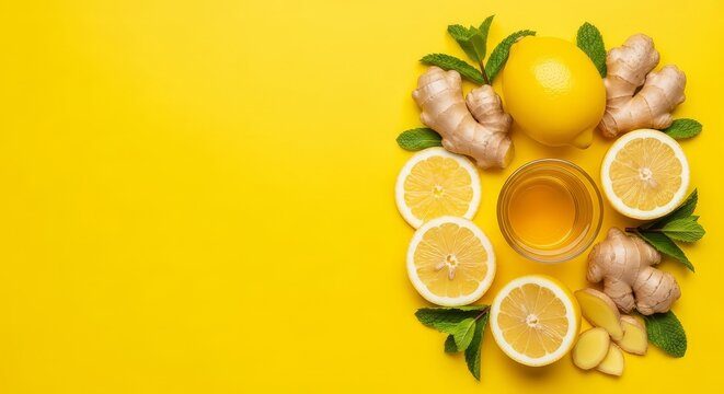 Flat lay of lemon ginger and honey ingredients for a drink on a bright yellow background studio shot