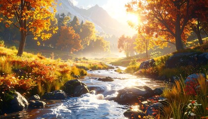 Sunlit stream flowing through autumn foliage, with mountains in the background, creating a serene landscape scene