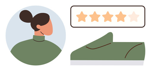 Woman profile facing green shoe, accompanied by five-star rating bar with highlighted stars. Ideal for e-commerce, online reviews, product feedback, customer satisfaction, shopping experience, user