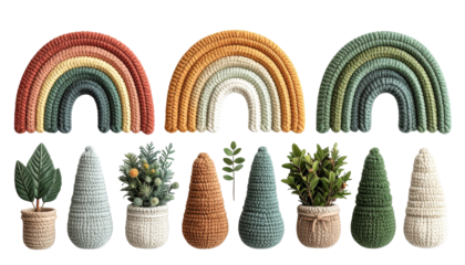 Grouping of knitted rainbows and potted tree shapes in earthy tones