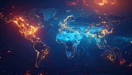 Stylized world map glowing with city lights and connected by glowing lines on a dark blue background