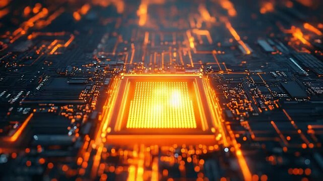 Glowing processor computing data on futuristic circuit board