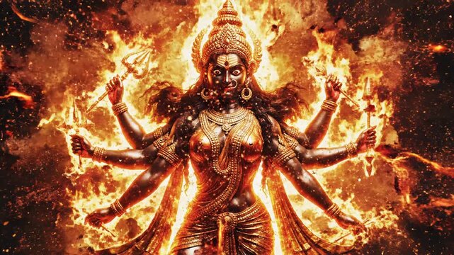 Divine Maa Chamunda Statue with Multiple Arms in Fierce Pose Surrounded by Flames for Religious Worship