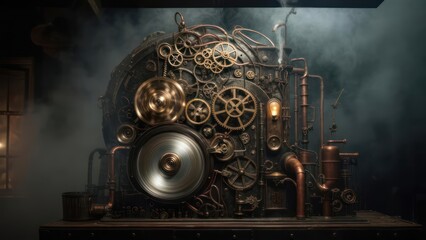 Ornate steampunk contraption in a dark setting