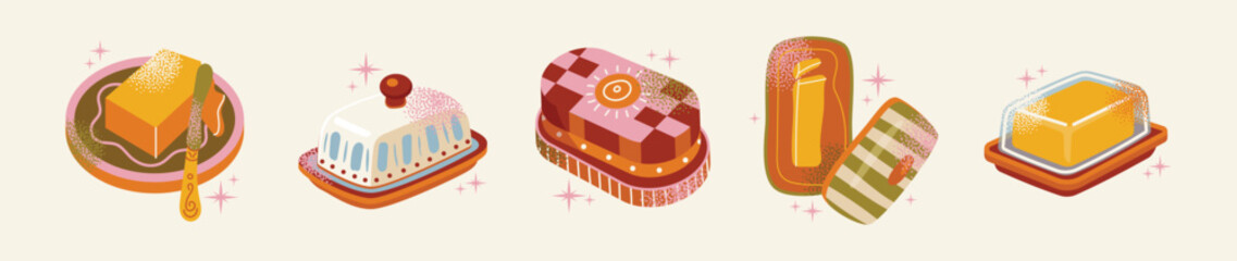 Set of various ceramic butter dishes, butter keepers, knife, retro packaging. Cartoon kitchenware food vector illustration. Kitchen and cooking concept