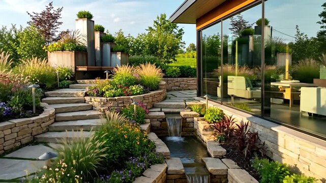 Lush Green Terraced Garden With Stone Steps Cascading Water Features And Modern Planters Bathed In Warm Sunlight