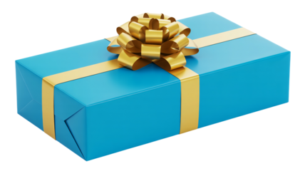 Stunningly wrapped gift in vibrant blue with golden ribbon ready for celebration, conveying joy, perfect for birthdays, holidays, and special occasions