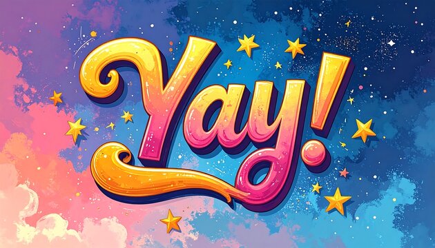 Stylized 'Yay!' over a dreamy, pastel-colored, starry sky illustration