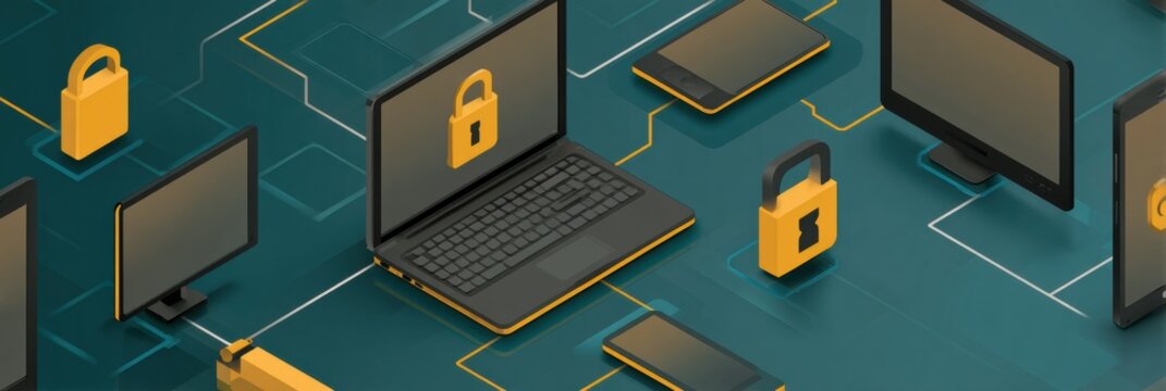 Digital Security Concept With Computers and Locks Representing Cybersecurity in a Modern Setting