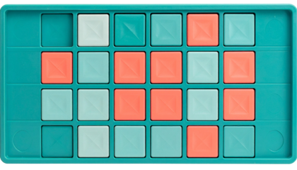 A rectangular teal game board with a pattern of square colored tiles