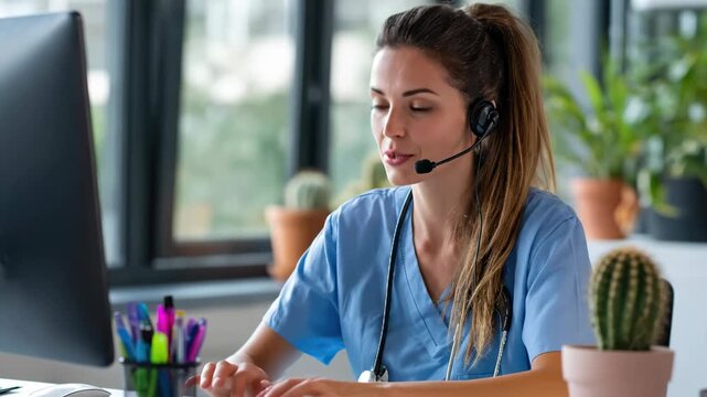 Smiling female medical professional wearing a headset and working on a computer for telemedicine or customer support.