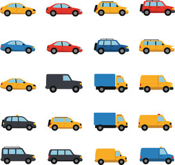 Fototapeta premium Collection of various types of vehicles, including cars and trucks, on a white background