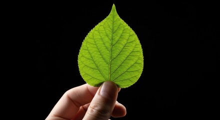 Hand Holding a Green Leaf with Veins on Dark Background