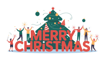 Fototapeta premium Festive Gathering: A vibrant illustration shows people celebrating merry christmas.