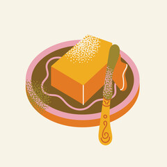 Ceramic butter dish, butter keeper, knife, retro packaging. Cartoon kitchenware food vector illustration. Kitchen and cooking concept