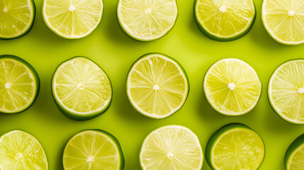 Fototapeta premium Sliced limes on a vibrant green background