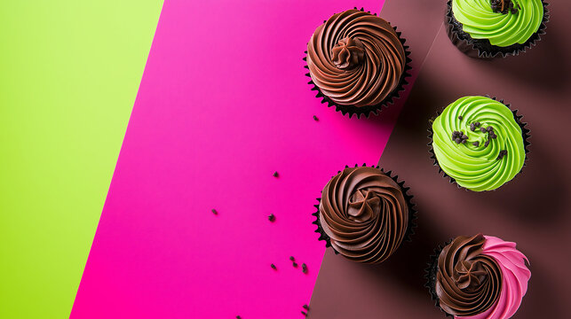 Cupcakes on pastel background with colorful icing and copy space