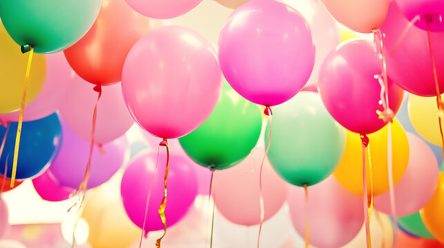Colorful helium balloons floating in bright festive background for celebration and party design