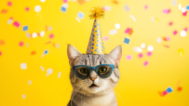 Funny cat wearing party hat and sunglasses with confetti on yellow background with copy space