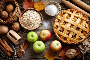 Freshly baked apple pie and autumn baking ingredients on rustic wooden background