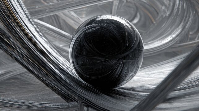 Sleek black sphere tangled metallic modern abstract design