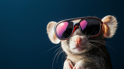 Funny mouse in sunglasses on blue background with copy space