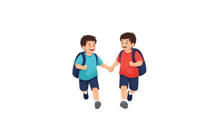 Two happy boys holding hands walking to school