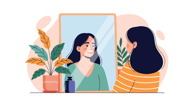 Woman Looking In Mirror Reflecting Self Confidence and Well Being