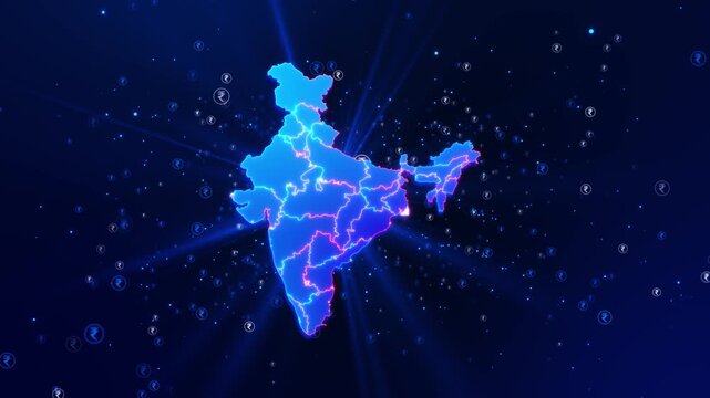 India digital map technology and telecommunication network map futuristic neon animation. stock market economy Location virtual space Indian Rupee Business Finance and Economy science. Location 3D 4K - Powered by Adobe