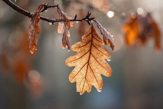 Golden autumn oak leaf with sparkling water droplets on a branch