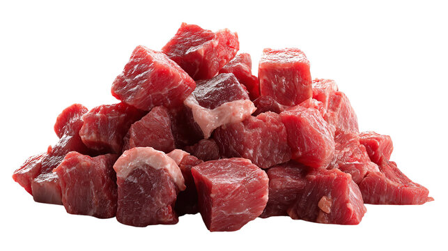 A pile of raw beef cubes, , ready for cooking or stewing, showcasing fresh, lean meat with visible fat marbling