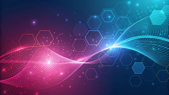 Glowing digital waves and geometric hexagons abstract background - Powered by Adobe