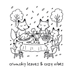 Fototapeta premium Black-and-white cartoon illustration of six foxes sharing festive meal with turkey, pie, and pumpkin under trees with falling leaves in whimsical seasonal theme with “crunchy leaves & cozy vibes” text