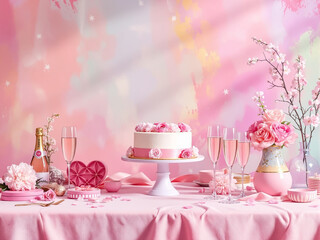 Elegant Christmas celebration table with cake, Champagne and vintage luxury decorations