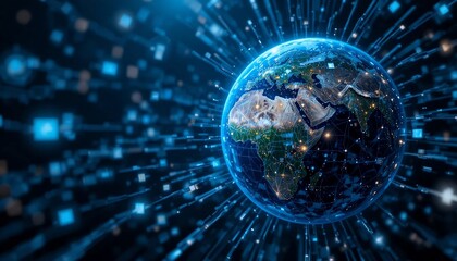 Globalna sieć cyfrowych danych, koncepcja technologii połączenia danych i cyberbezpieczeństwa na kuli ziemskiej