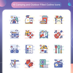 Camping Outdoor Icons – Filled Outline Style Set 2