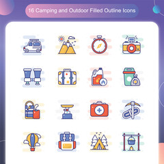 Camping Outdoor Icons – Filled Outline Style Set 1
