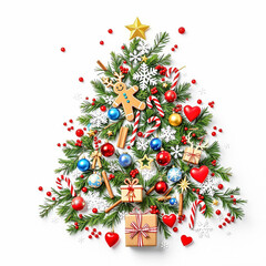 A Christmas tree made from various festive items, white background, christmas ornaments, gingerbread man, reindeer, star, red and blue ornaments