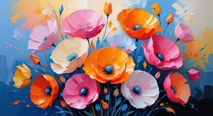 Colorful poppy-like flowers in oil paint. Pink, orange, white, and blue hues with thick, loose brushstrokes. Impressionistic floral art on a soft, painterly background. Wallart