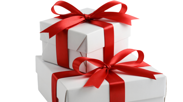 Elegant white gift boxes stacked with vibrant red ribbons, perfect for holiday promotions and joyful celebrations, conveying thoughtfulness and care