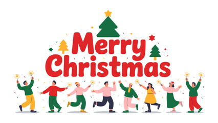 Joyful Christmas Greeting: A festive Merry Christmas banner above a diverse group of people celebrating, lights sparkles, embodying the season's cheerful spirit.