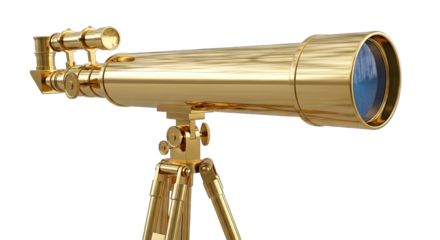 Golden Telescope on Tripod Against Transparent Background Reflecting Sky and Clouds Detailed Close-up View of Antique Brass Astronomy Instrument
